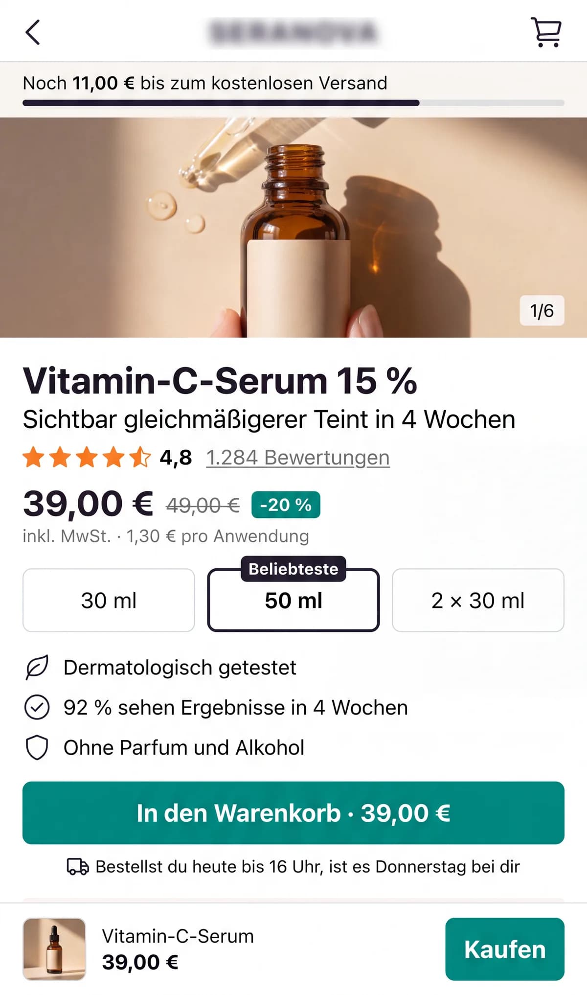 Produktseite Kosmetik nach dem Umbau, erster Bildschirm