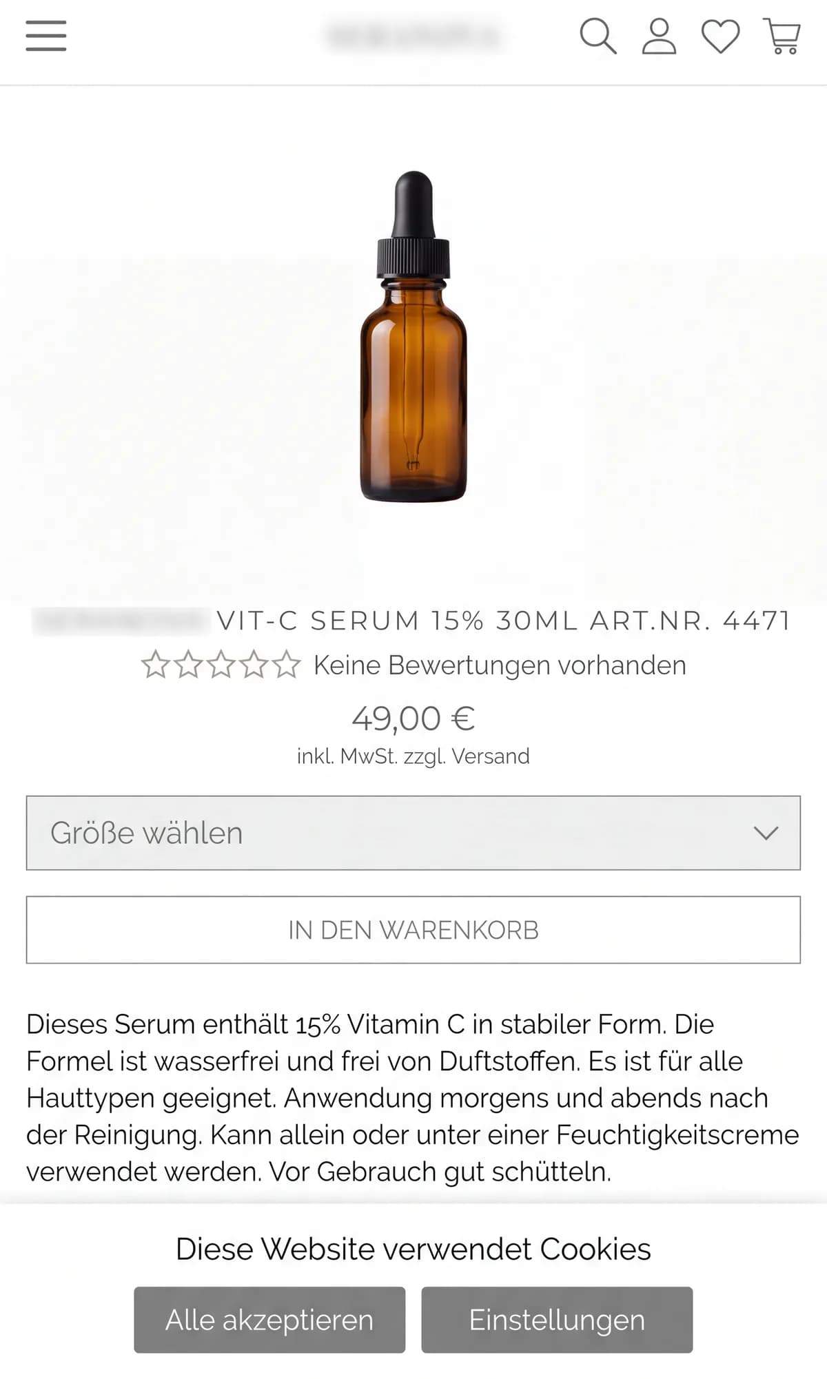 Produktseite Kosmetik vor dem Umbau, erster Bildschirm